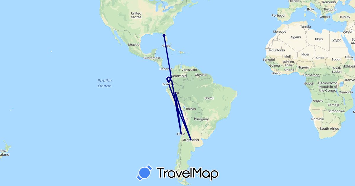 TravelMap itinerary: driving in Argentina, Chile, Ecuador, Peru, United States (North America, South America)